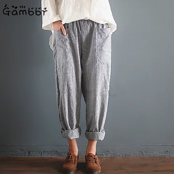 

Plus Size 5XL Cotton Linen Mori Girl Literature Sweatpants Women Harajuku Harem Pant Casual Vintage Pocket Striped Print Trouser