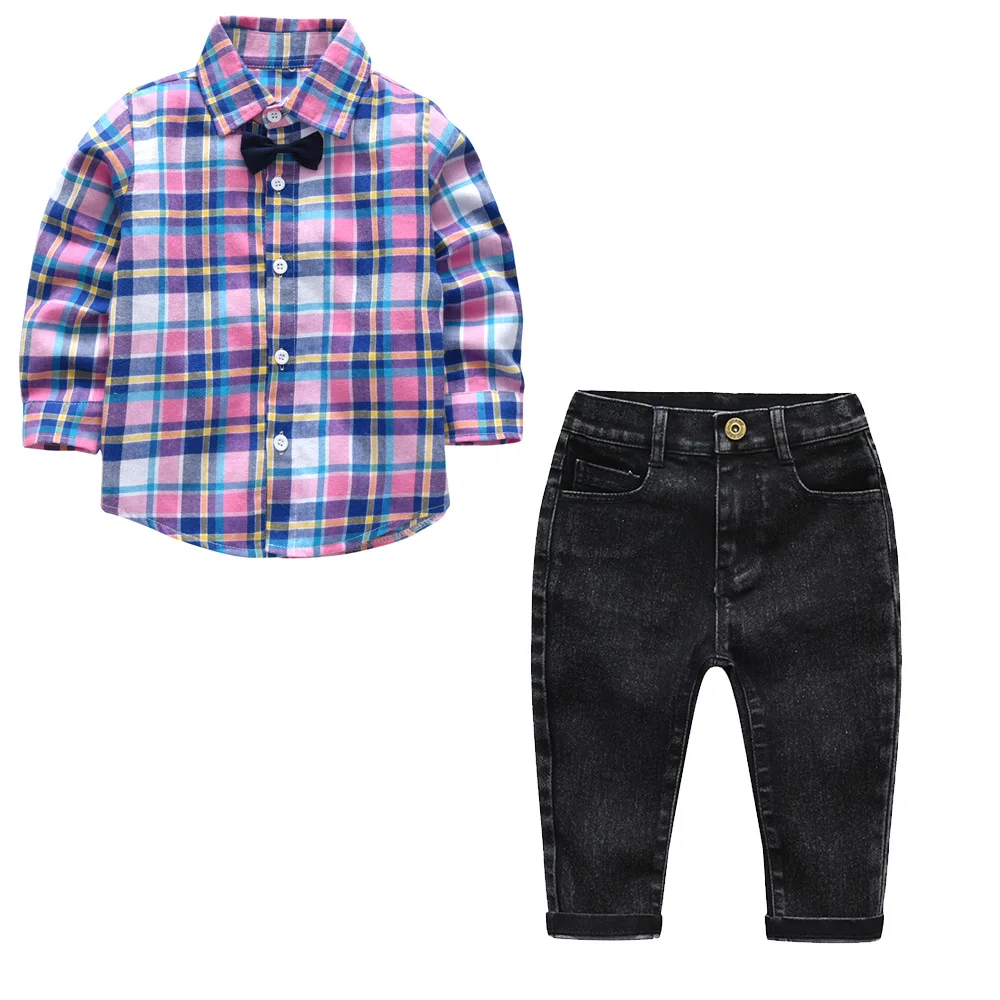 

Children's suit New pattern Boy Plaid long sleeved gentleman shirt and jeans Leisure spring and autumn season suit 2-8years old