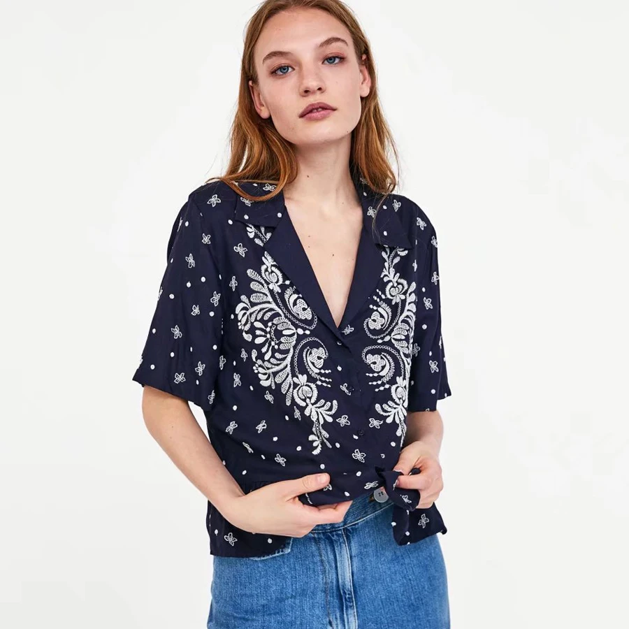 

TEELYNN boho blouse vintage navy cotton short sleeve summer Blouses floral embroidery ruffles hem Women blouse Gypsy top blusas
