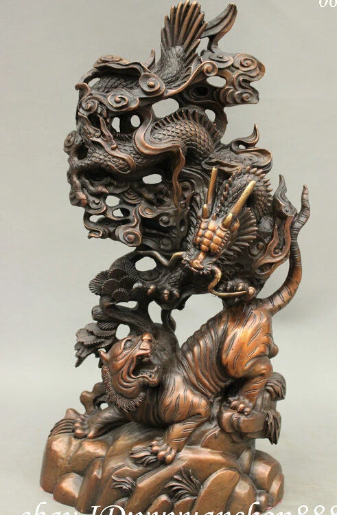 

15" Archaic Chinese Palace FengShui Pure Bronze Flying Dragon Fight Tiger Statue