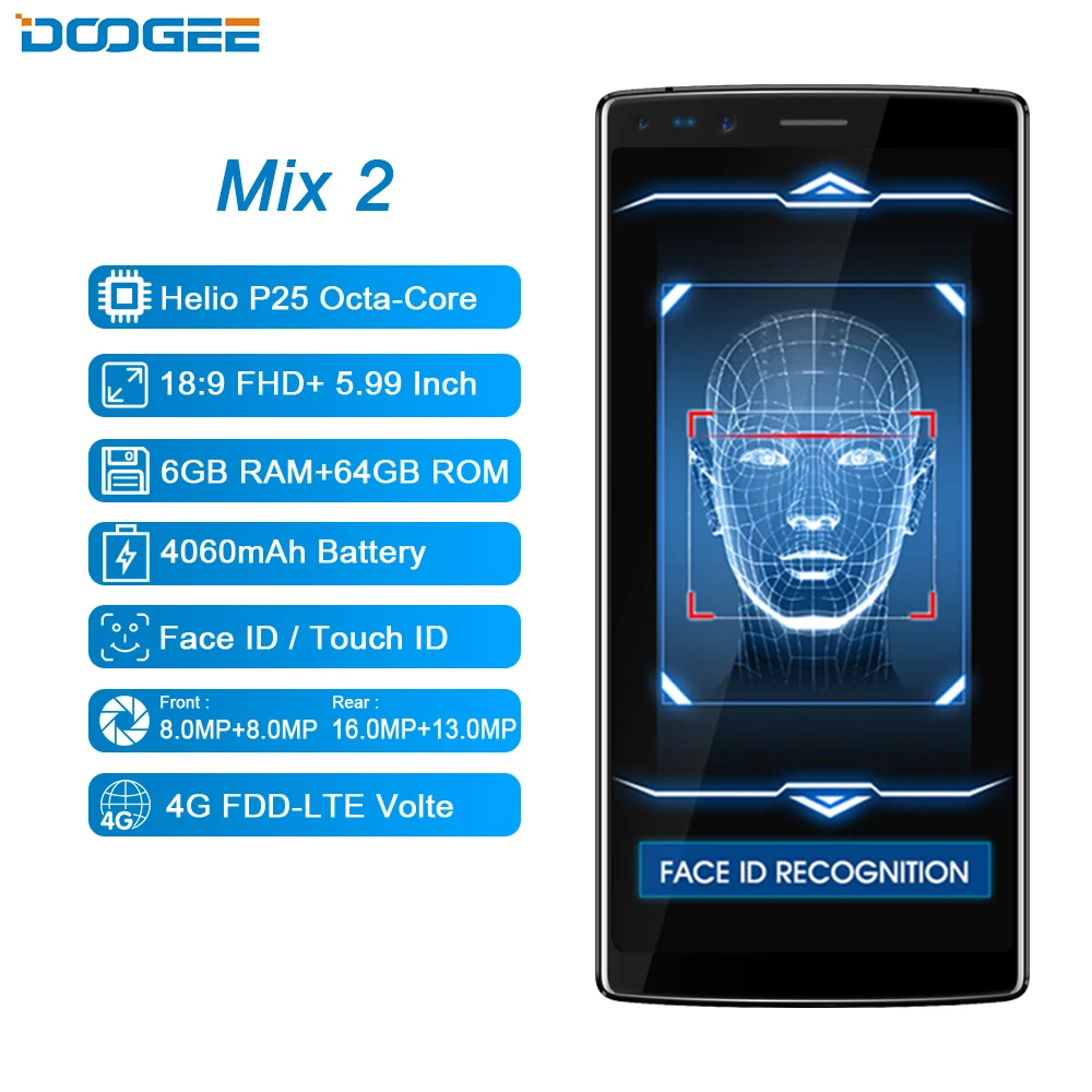  DOOGEE Mix 2 6GB RAM 64GB ROM Helio P25 Octa Core 5.99'' FHD+ Smartphone Quad Camera 16.0+13.0MP 8.