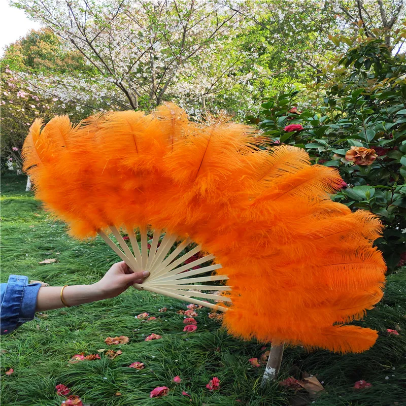 

YY-tesco 15 bone Orange High Quality Ostrich Feather Fan Dance Stage Show Props Wedding Party Fluffy Feather Hand Fan Decoration