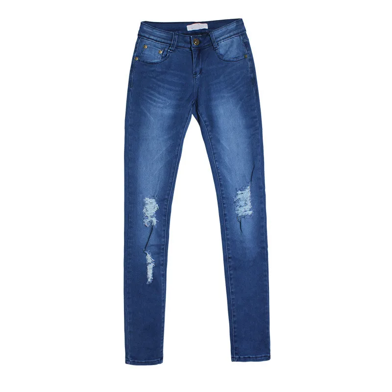 Высокая талия женские рваные джинсы растягивающиеся модные поцарапанные обтягивающие джинсы Полная длина деним плюс размер синий цвет джинсы карандаш