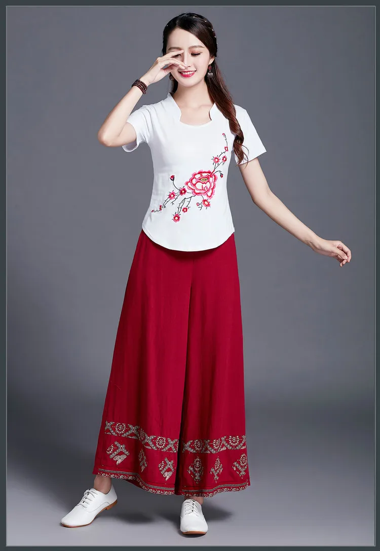 Женская летняя национальная Ретро вышитая Футболка с коротким рукавом, Женская хлопковая тонкая рубашка в китайском стиле с воротником-стойкой, топы
