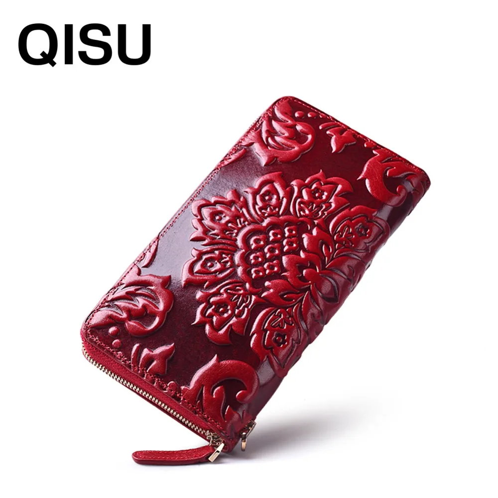 QISU Designer Floral Women s Genuine Leather purse Embossed flower handbag