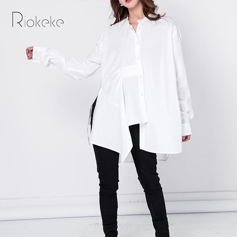 Riokeke нерегулярные Дизайн Для женщин рубашка белая блузка S Топы корректирующие и