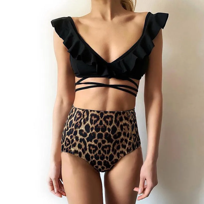 Z-LAI Women Ruffle Top and Leopard Bottom Two Piece Bikini High Waist Swimsuit Bandeau Push Up Padded Bathing Suit Women 2019 Z-LAI Women Ruffle Top and Leopard Bottom Two Piece Bikini High Waist Swimsuit Bandeau Push Up Padded Bathing Suit Women 2019