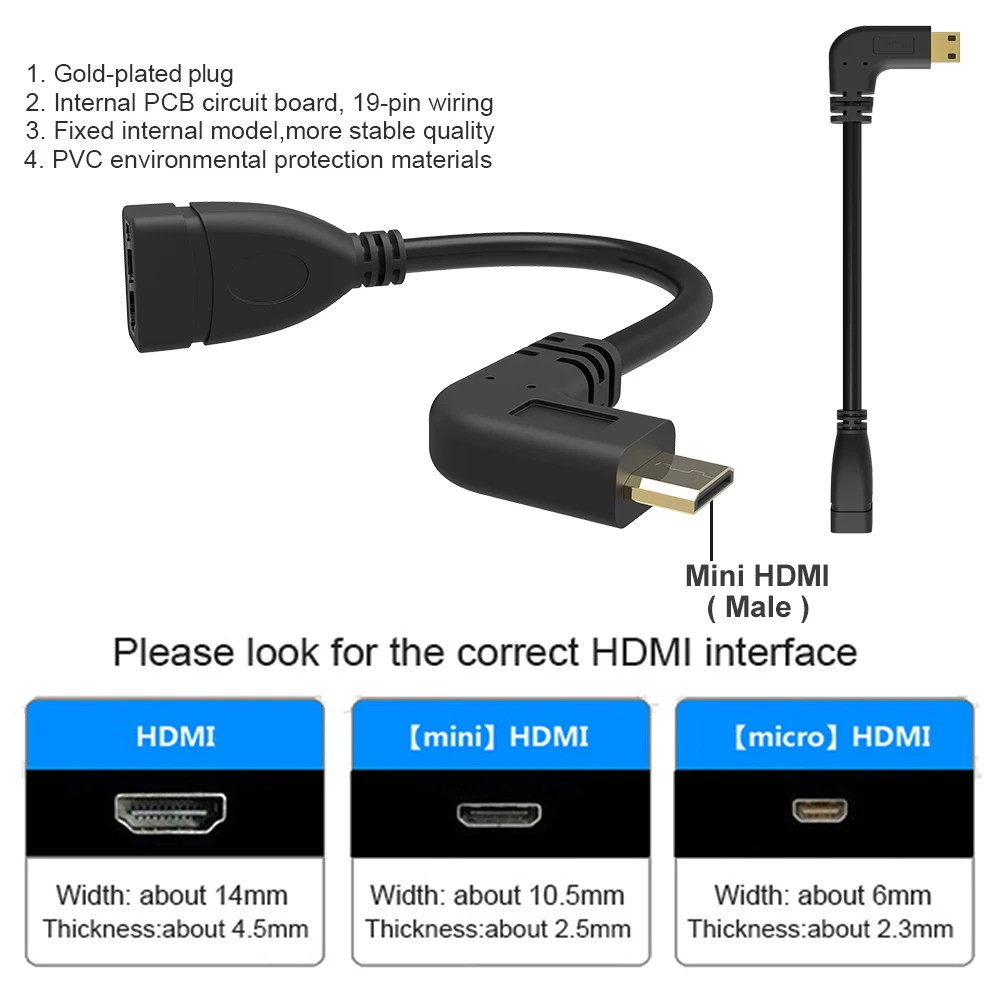 90 градусов прямоугольный мини HDMI к HDMI мужчин и женщин кабель для HDTV 1080p PS3 Evo htc Vedio позолоченный