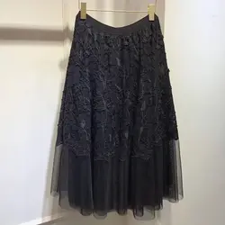 Осенняя кружевная юбка женская элегантная Высокая талия трапециевидная юбка для леди 2018 модная женская черная длинная юбка