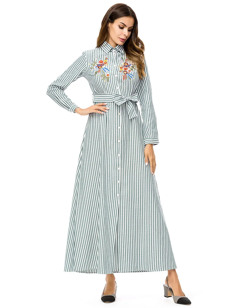

Office Lady Trend Abaya Dress Embroidery Spring Autumn Long Dress Turkey Striped Slim Ramadan Pray Dress 7294