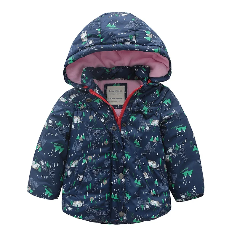 Детское зимнее теплое пальто; Новинка года; Детские хлопковые куртки с принтом для мальчиков и девочек; толстовки со съемным бантом; ветрозащитная водонепроницаемая верхняя одежда - Цвет: Black