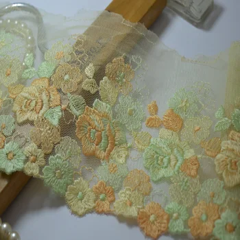 

13CM Width (2yards/lot)Embroide green mesh color flowers Hight quality lace fabrics embroidered lace trim-m160305