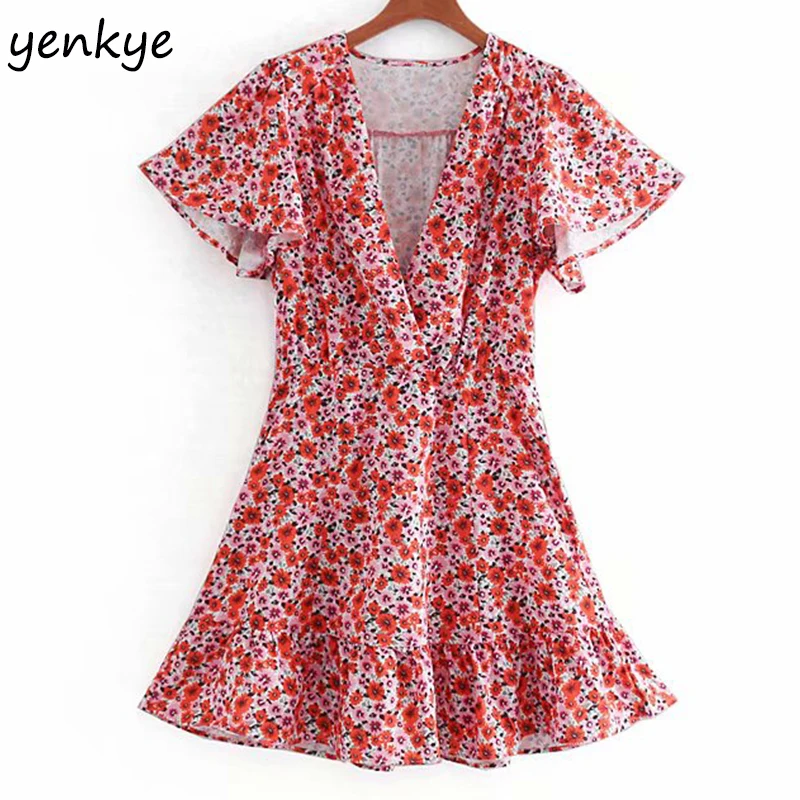 

Holiday Bohemian Summer Dress 2019 Women Chic Floral Print Dress jurkjes Lady V Neck Short Sleeve Mini A-line Dress CCWM9110