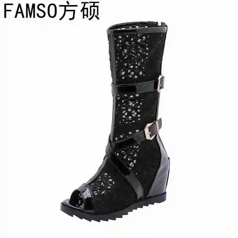 

FAMSO 2019 New Fashion Women Boots Black White Summer Mid-Calf Motorcycle Boots Wedges Peep toe Summer Female Boots Heels
