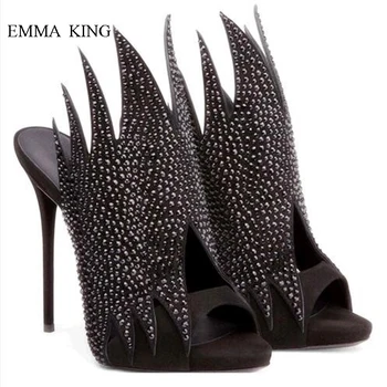 

Sexy Ladies Bling Rhinestone Gladiator Sandals Crystal Slides High Heels Flame-shaped Design Black Sandals Stilettos Shoes Woman
