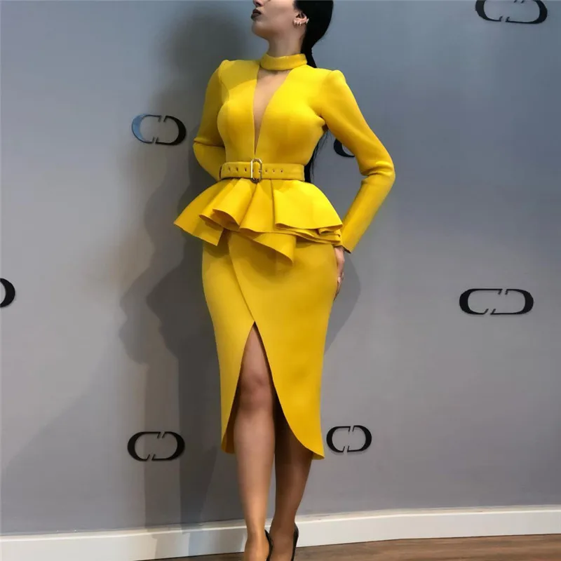 

Women Long Sleeve Asymmetrical Dress Office Lady Sheath sexy V-Neck Dress Party Evening Vestidos