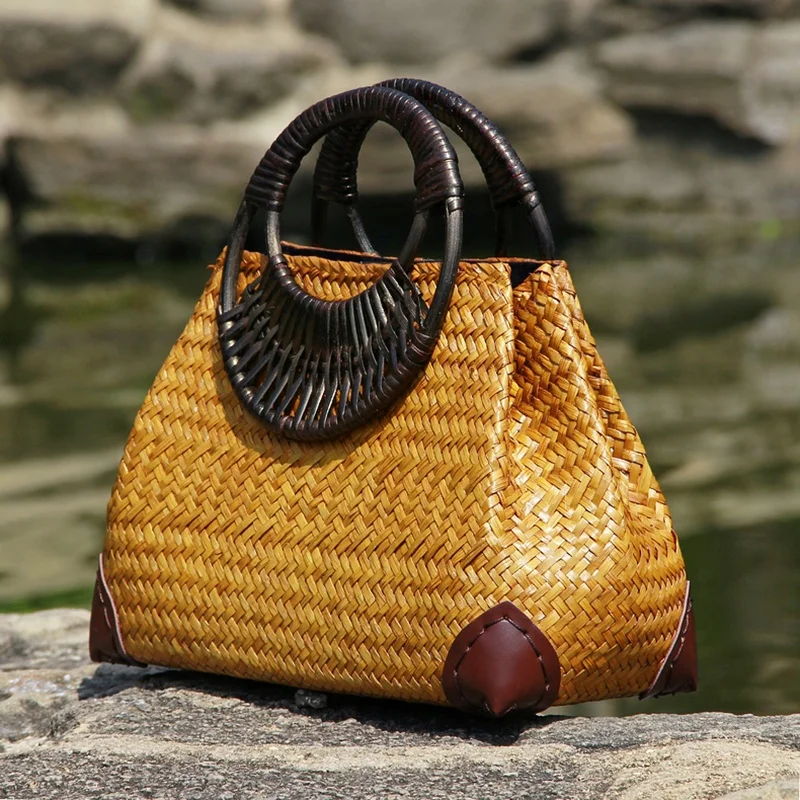 Frauen Stroh Weibliche Bambus Sommer Strand Weben Handtasche Dame Handgemachte Vintage Holz Griff Tasche Reise Gestrickte Totes Taschen_voghion.com