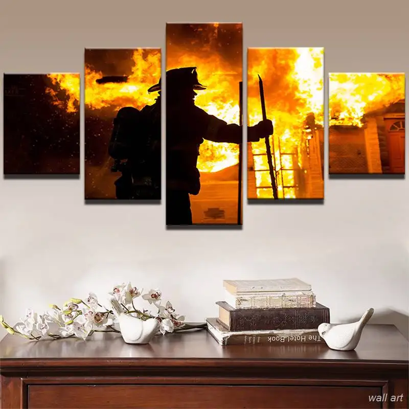 

Canvas Painting Printed Wall Art Modern Fireman Pictures 5 Pieces Home Decor Fire Fighter Warrior Landscape Poster Frame