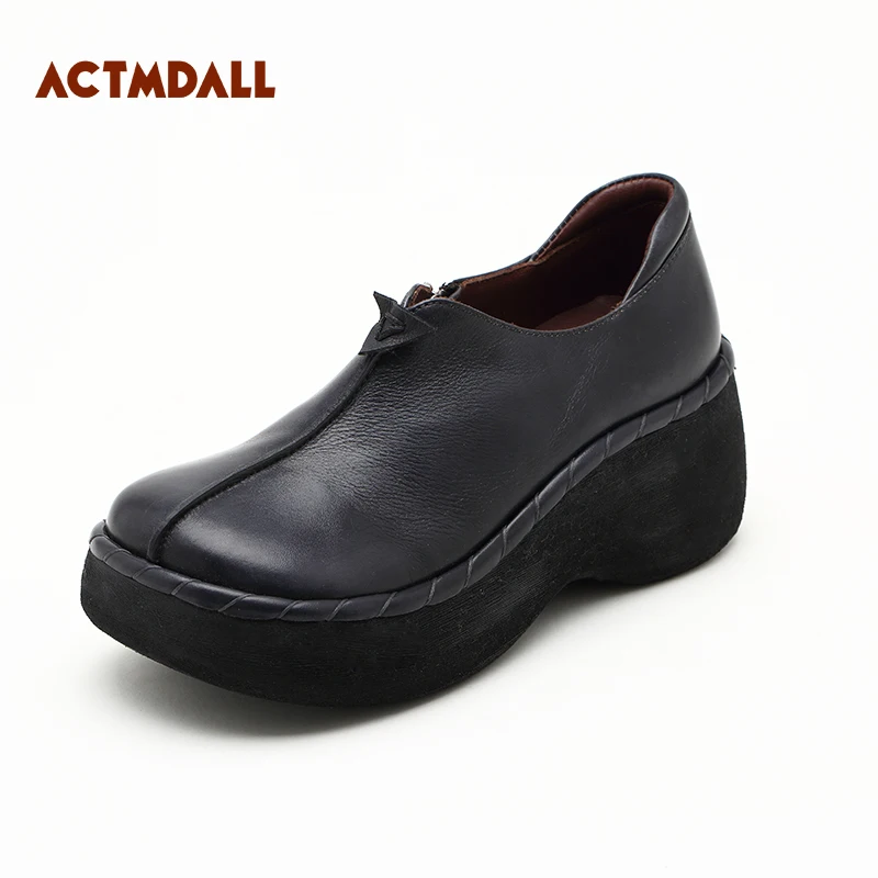 

Thick Bottom Round Head Handmade Casual Shoes Woman Genuine Leather High Heels For Spring Autumn Winter
