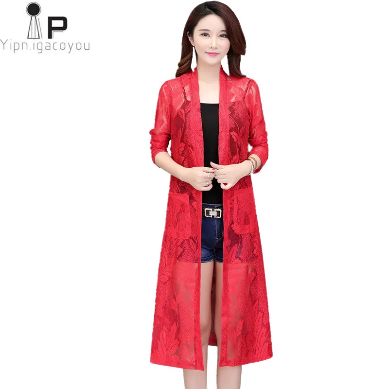 

Harajuku Lace Sunscreen coat Long Jacket Women Coat Summer Korean Ladies Plus Size White/Red Thin cloak shawl Ladies Jackets 4XL