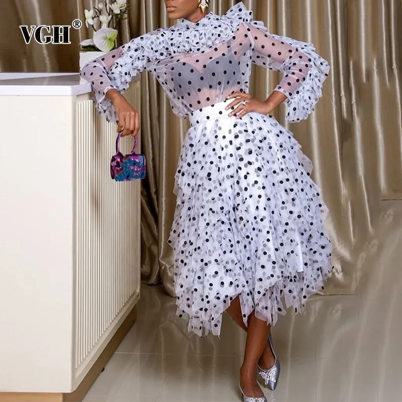 

VGH 2019 Summer Perspective Women;s Two Piece Set O Neck Long Sleeve Ruffle Hem Asymmetrical Skirt Sets Female Fashion New Tide