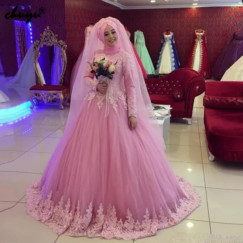 

Muslim Wedding Dresses Ball Gown Long Sleeves Tulle Lace Scarf Vestido De Noiva 2019 Dubai Arabic Wedding Gown Bridal Dresses