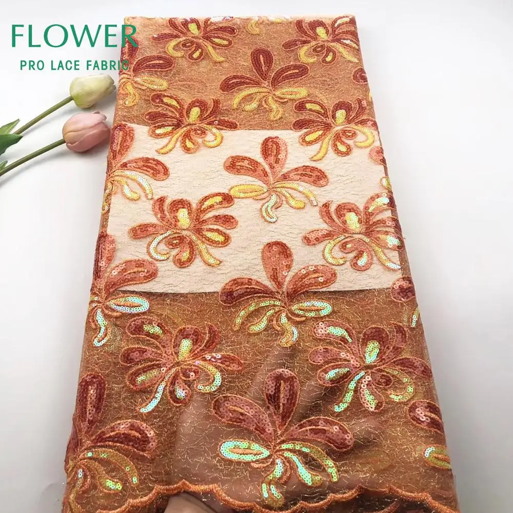 

Orange Colour Flower Sequins Voile Lace Fabrics For Dress India Sequined Lace Gold Line Embroidered Mesh Tulle Net Lace Material