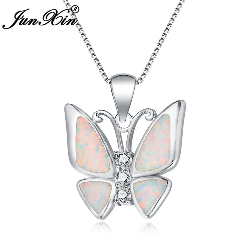 JUNXIN Синий/Белый Огненный Опал бабочка кулон 925 серебро ожерелье для женщин милые ювелирные изделия животных лучший подарок - Окраска металла: White