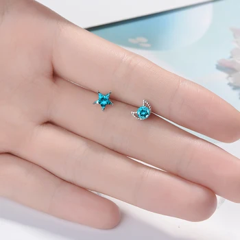 

925 Sterling Silver 2018 Women Jewelry Fashion Cute Tiny Blue Asymmetric Moon Star Stud Earrings For Daughter Girls DS237