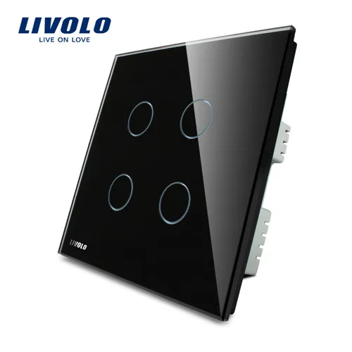 Livolo UK standard 4 банда настенный светильник сенсорный выключатель, interupter AC 220-250 V, белый/черный/золотой стеклянная панель, VL-C304-61/62/63 - Цвет: Black