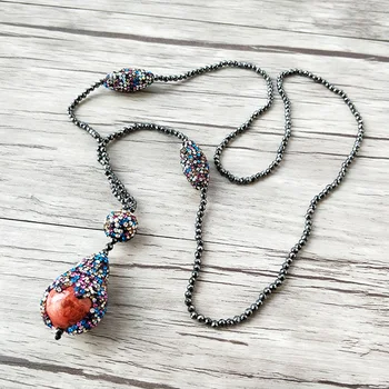 

4 Strands Hematite beads necklace,handmade pave Crystal Rhinestone red stone charm pendant necklaces for women NK423