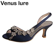 Темно-синие сандалии с открытым носком; подходит для свадьбы; женская летняя обувь на среднем каблуке