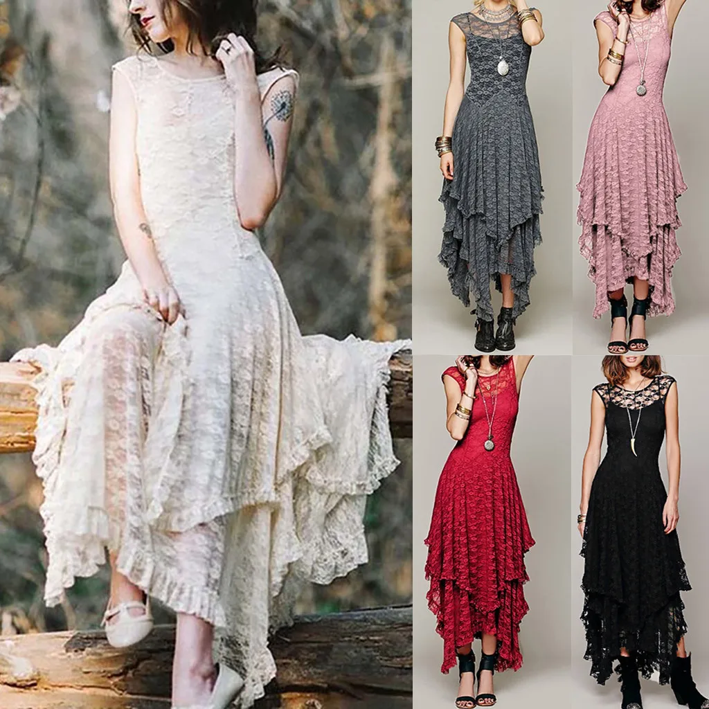 

Five Solid Color Bohemian Lace Ankle-Length Dress Women's Boho Irregular Lace Double Layered Ruffled Trimming Dress free#G1