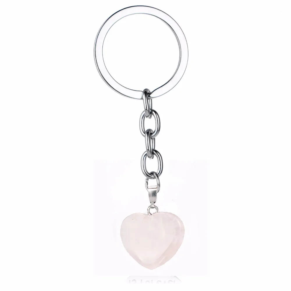 Pink Rose Quartz Healing Crystal Gemstone Heart Pendant Keyring Keychain Gift 