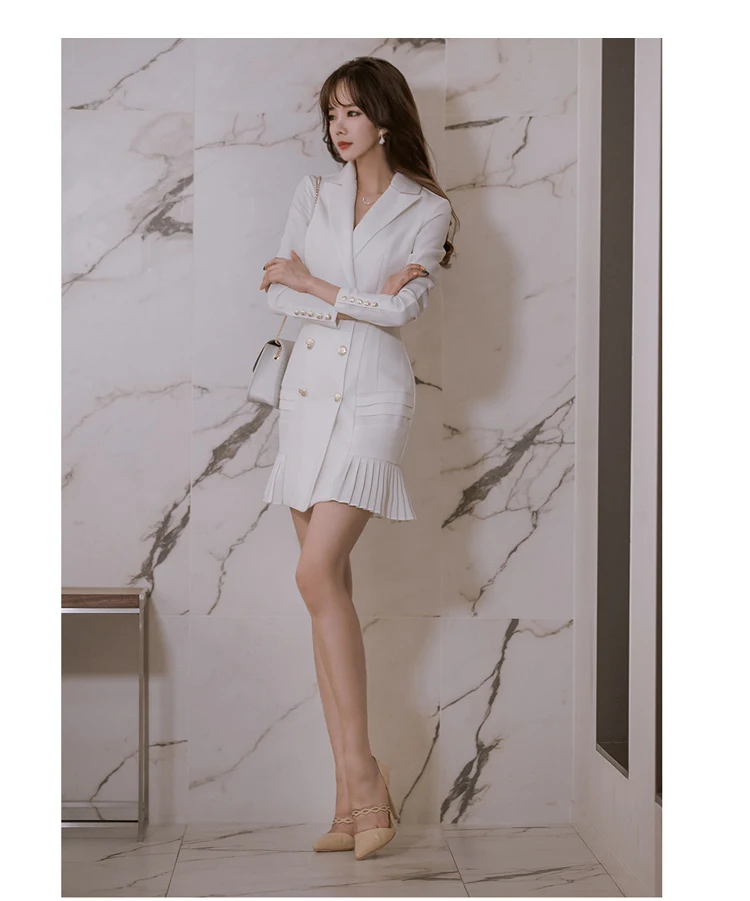 Женские платья-блейзеры с длинным рукавом, двубортное привлекательное плиссированное платье с V-образным вырезом, простое облегающее офисное платье черного и белого цветов для весны