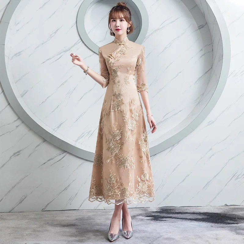 Женское платье Ципао кружевное вечернее с коротким рукавом и вышивкой в виде