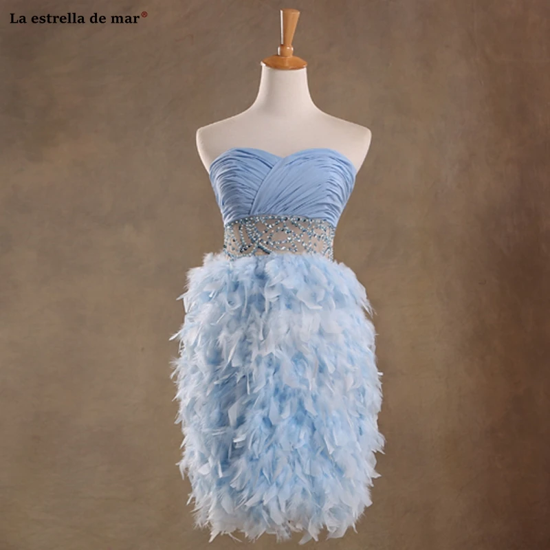 Vestidos коктель mujer 2019 sexy Милая линии светло-голубой шифон платье с цветными перьями снизу и черным верхом короткие элегантное женское платье
