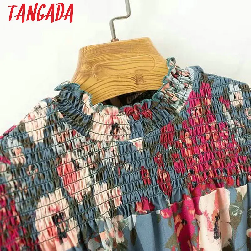Tangada Винтаж цветочные плиссированные платья для женщин эластичный пояс с длинным рукавом Водолазка женская Ретро мода осень Vestidos XD01