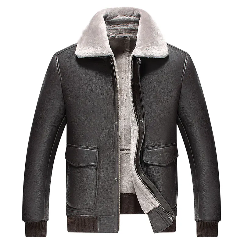 WANGZONGSHUN001 Shearling Mens Jaqueta Piloto Homens do