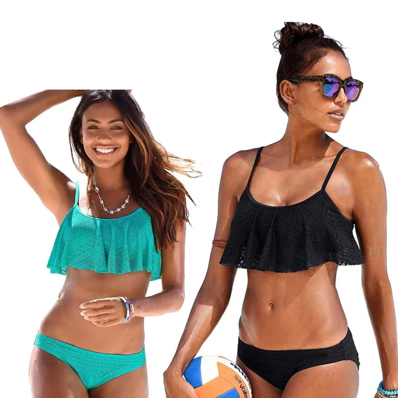 2017 New Sexy Bikinis Women Swimsuit Push Up Swimwear Bandage Cut Holes Brazilian Bikini Set Ruffle