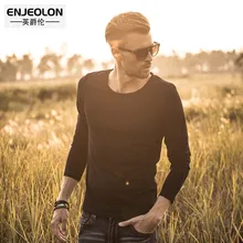 Enjeolon брендовые осенние мужские модные футболки с круглым вырезом Мужская футболка с длинным рукавом хлопковые однотонные черные футболки тонкие Топы RST1628-1