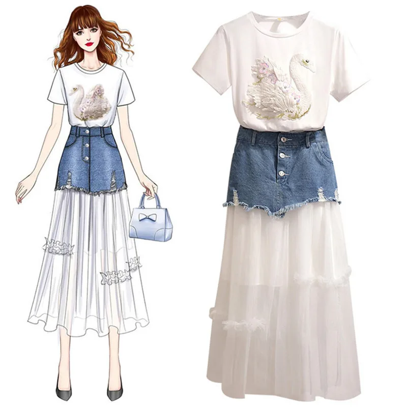 

Fashion Women White Cotton Appliques Beading Embroidery Swan T-shirt + Long Mesh Sheer Stitching Denim Tull Skirt 2 Piece Sets
