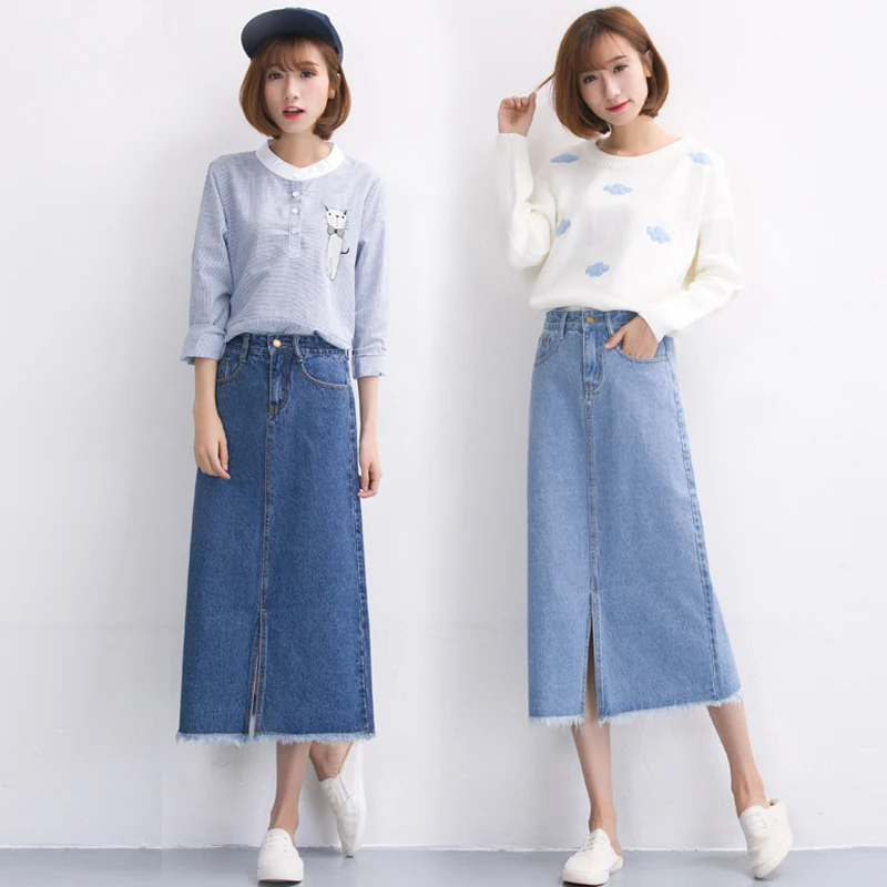 

Spring And Autumn 2018 High Waist Light Blue Midi Burr Women Skirts Preppy Style Casual Denim Long Skirt Womens
