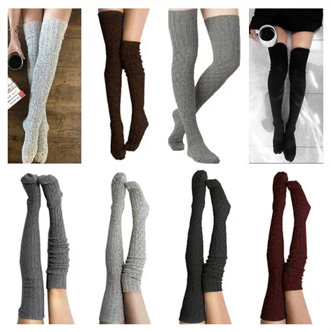 Woman Over Knee High Warm Knit Stocking Fashion Striped Spring Autumn Winter Soft Thigh High Long Solid Color Loose Stocking