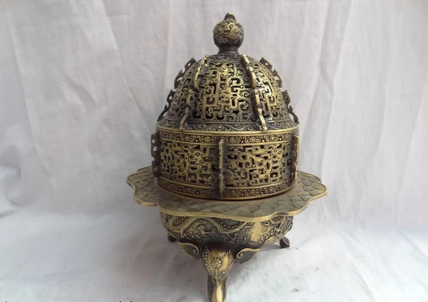 

S4692 Tibet Bronze Buddhist Fly Dragon Ball Statue Elephant Head Incense Burner Censer D0318