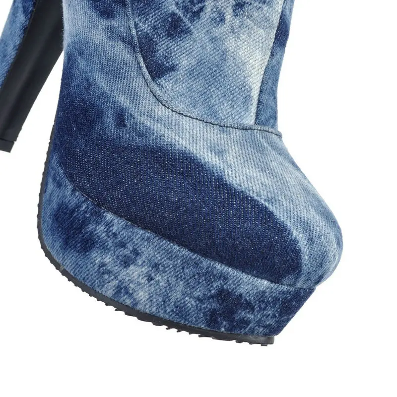 Salu/джинсовые женские сапоги до колена сапоги на тонком высоком каблуке Женская обувь на платформе с круглым носком зимняя теплая обувь, большие размеры 42, 43, 44