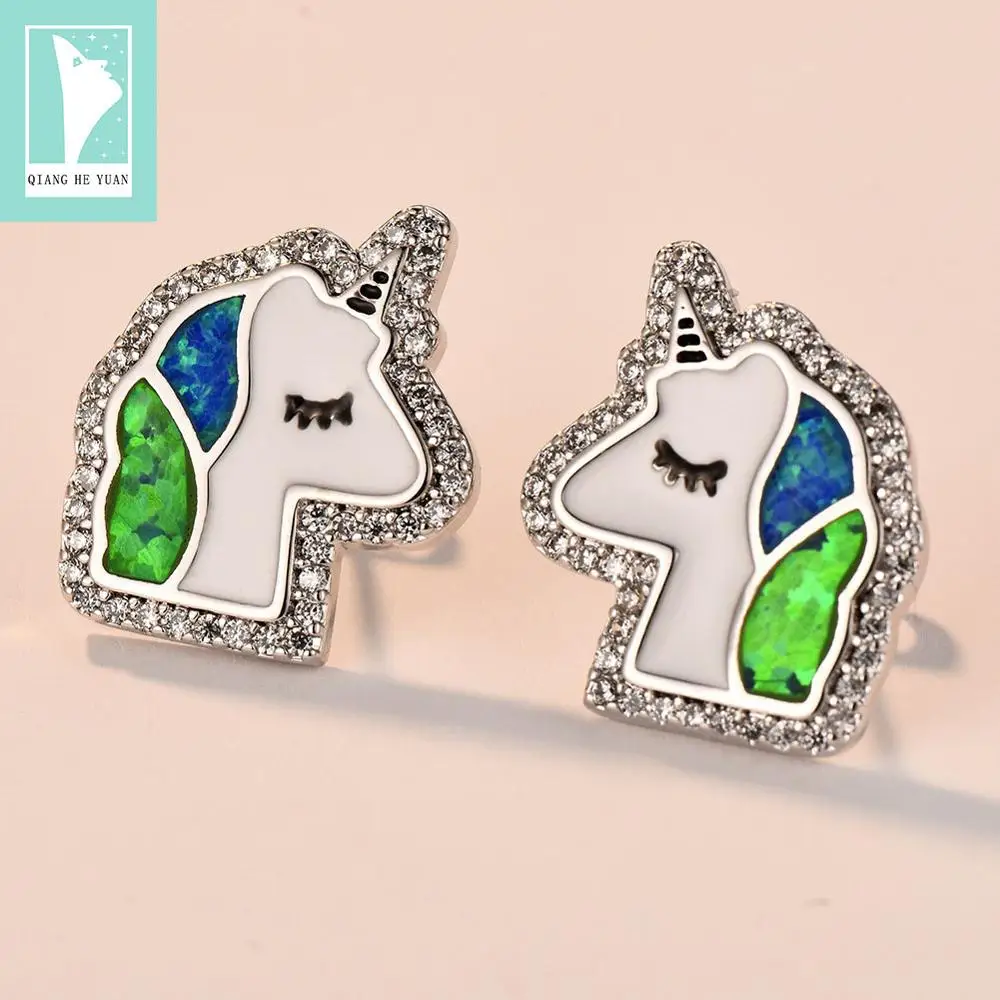 

Cute unicorn kids earrings zircon and opal setting for girls