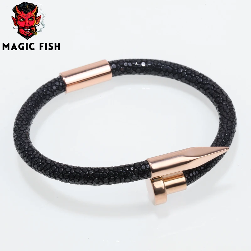 

Magic Fish Leather bracelet Black stinggray skin rose gold nail luxurious kolye pulseira masculina anel stranger things llaveros