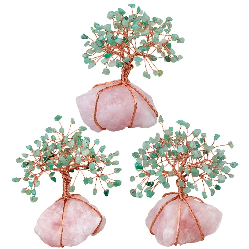 SUNYIK Natural Rose Quartz Cluster Base Crystal Money Tree Bonsai Figurine for Wealth Luck Jewelry Packaging