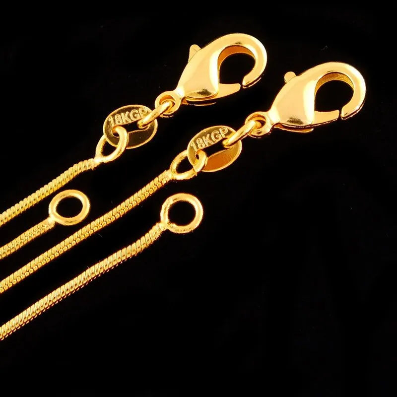 

50pcs Classic 1.2mm lobster clasps gold snake chain 16-24 inches for men women yellow gold filled pendant necklace